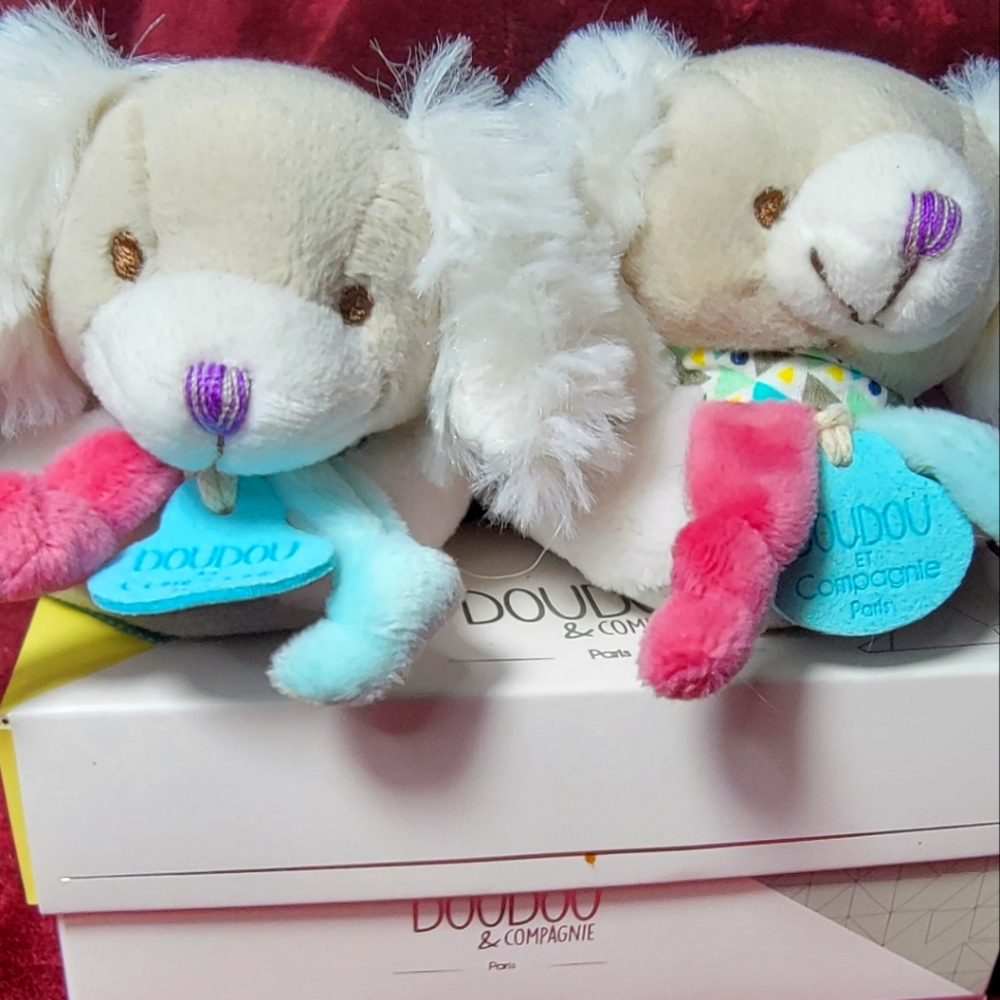 DOUDOU puppy dog slippers with pink and blue tassels infant 6 to 12 months NEW